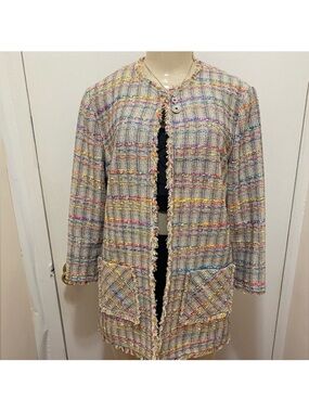 Sara Campbell Pastel Multicolor Tweed Fringe Open-Front Jacket